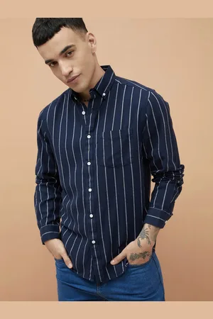 Lifestyle Men Button-Down Collar Vertical Striped Cotton Casual Shirt