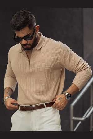 Powerlook Men Self Design Polo Collar Cotton T-shirt