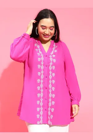 Oxolloxo Women Plus Size Embroidered V- Neck Long Sleeve Button Down Cotton Tunic