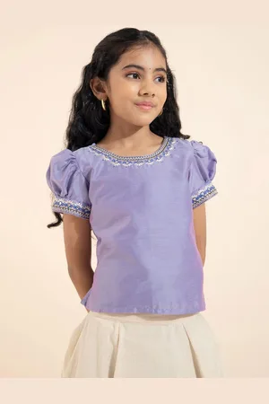 Maybell Girls Krishna Mural Printed Puffed Sleeves Ready to Wear Lehenga & Blouse