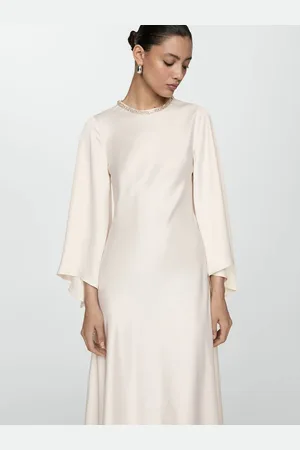 MANGO Flared Sleeve Satin Finish Sheath Maxi Dress