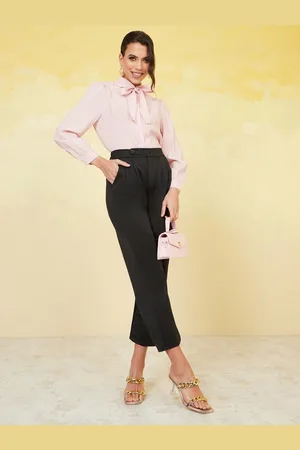 Styli Tie-Up Neck Cuffed Sleeves Pleated Detailed Top