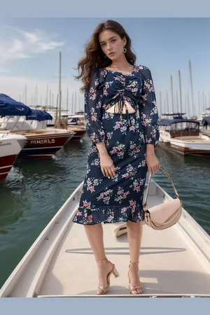 Rare Fashion Floral Printed Puff Sleeve Georgette A-Line Midi Dress