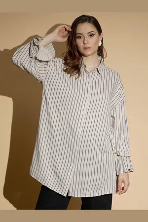 KOTTY Women Comfort Spread Collar Vertical Striped Cotton Oversized Casual Shirt