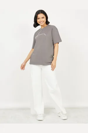 Styli Charcoal Typography Printed Oversized Cotton T-shirt