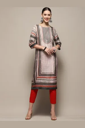 Biba Geometric Printed Round Neck Thread Work Straight Kurta
