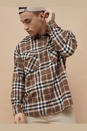 Lifestyle Men Cutaway Collar Tartan Checked Cotton Oversized Casual Shirt