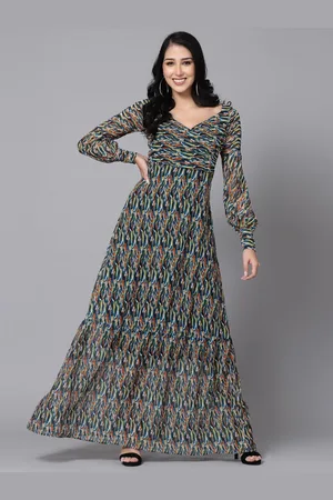 Aayu Print Bishop Sleeve Abstract Georgette Maxi Dress