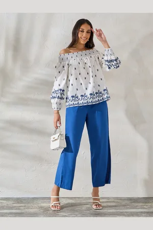 Styli Floral Print Off Shoulder Puff Sleeves Cotton Bardot Top