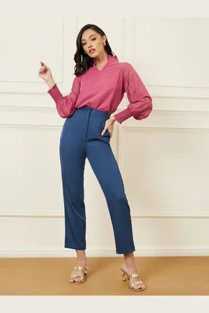 Styli Pink Dobby Textured Smocked High Neck Puff Sleeves Top
