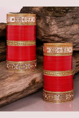 Lucky Jewellery Women Red CZ Stone-Studded Punjabi Chdra Bridal Wedding Bangle Set