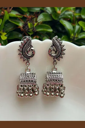 LAIDA Silver-Plated Oxidised Contemporary Jhumkas Earrings