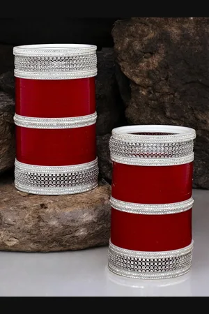 Lucky Jewellery Maroon & Silver-Toned Stone Studded Chura Bangle Set