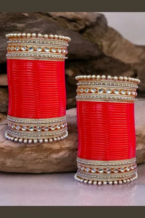 Lucky Jewellery Set Of 2 Red & White Stone-Studded Chuda Bangle