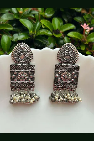 LAIDA Silver-Plated Oxidised Square Drop Earrings