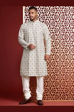 MANQ Floral Embroidered Mandarin Collar Sequinned Pure Cotton Straight Kurta