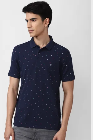 V Dot Men Navy Blue Printed Polo Collar Slim Fit T-shirt