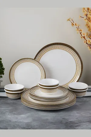 Aura White and GoldToned 18 Pieces Printed Dinner Set