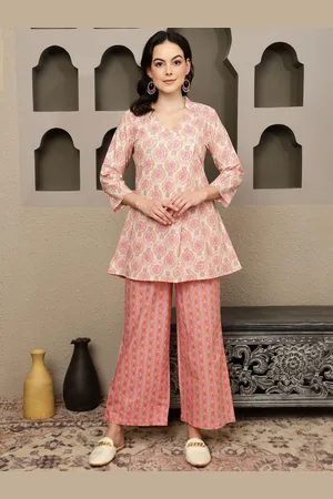 Sangria Peach-Coloured Floral Printed Pure Cotton Tunic With Trousers