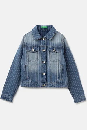 Benetton Girls Striped Spread Collar Pure Cotton Denim Jacket