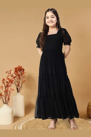 BAESD Girl Solid Bell Sleeve Georgette Fit & Flare Maxi Dress