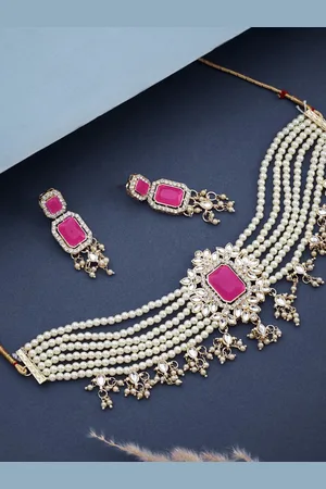 ATIBELLE Gold-Plated Artificial-Stones Studded & Beaded Necklace and Earrings
