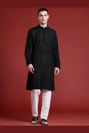 MANQ Floral Embroidered Thread Work Mandarin Collar Pure Cotton Straight Kurta