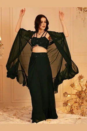 indo street Embroidered Top & Skirt With Shrug Co-Ords