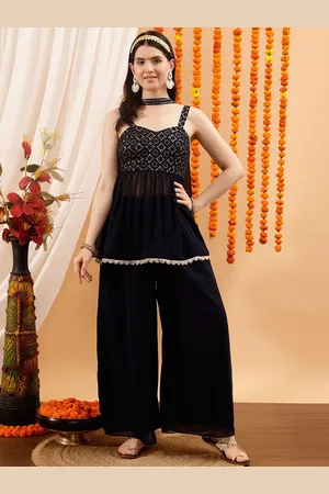 indo street Embroidered Sleeveless Top & Palazzo With Dupatta