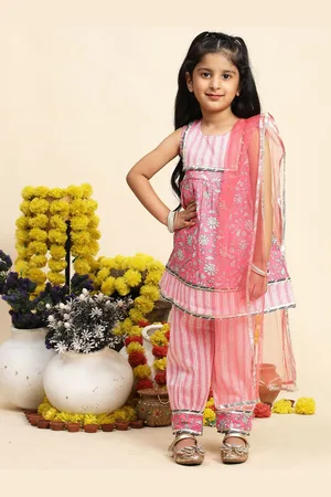 Cutiekins Girls Floral Printed Empire Gotta Patti Kurta With Salwar & With Dupatta