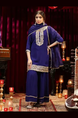 SCAKHI Ethnic Motif Embroidered Regular Gotta Patti Georgette Kurta With Sharara & Dupatta