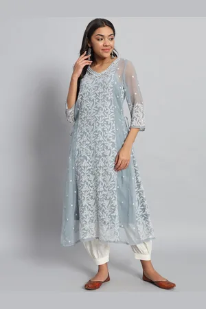akheri Women Geometric Embroidered Cold-Shoulder Sleeves Chikankari Georgette Anarkali Kurta