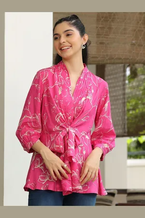 JISORA Women Floral Printed V-Neck Pure Silk Top