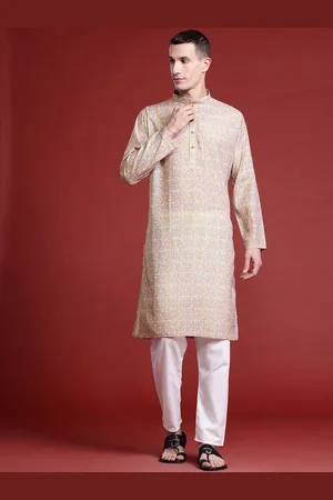 MANQ Geometric Printed Mandarin Collar Pure Cotton Straight Kurta