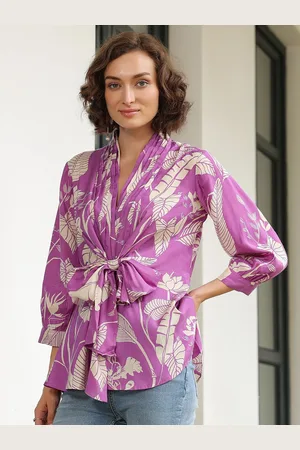 JISORA Women Floral Printed V-Neck Pure Silk Top