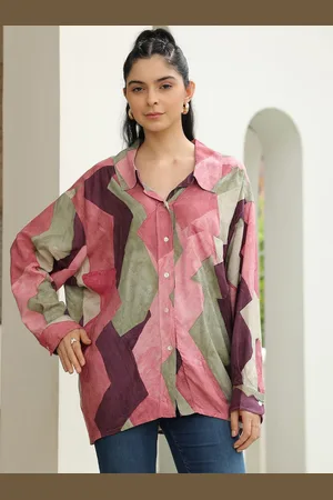 JISORA Women Abstract Printed Shirt Collar Pure Silk Top