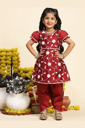 Cutiekins Girls Floral Embroidered A-Line Kurta With Dhoti Pants