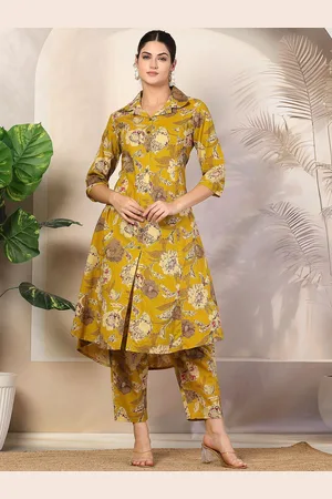 Pistaa Floral Printed Cuban Collar Pure Cotton Shirt Style A-Line Kurta With Trousers