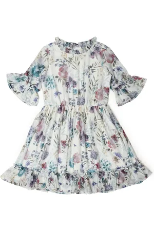 Allen Solly Girls Pure Cotton Floral Print Bell Sleeve Fit & Flare Dress