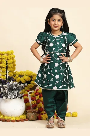 Cutiekins Girls Floral Embroidered Regular A-Line Kurta With Dhoti Pants