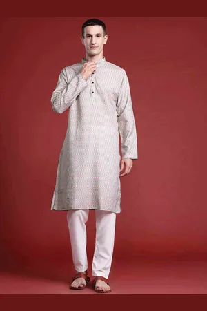 MANQ Geometric Printed Mandarin Collar Pure Cotton Straight Kurta