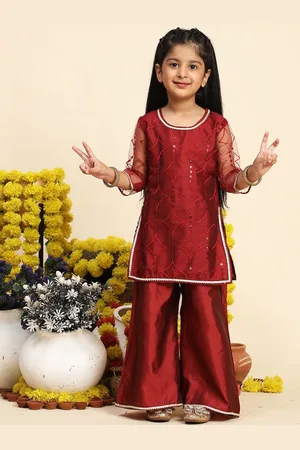 Cutiekins Girls Ethnic Motifs Embroidered Sequinned Straight Kurta With Palazzos