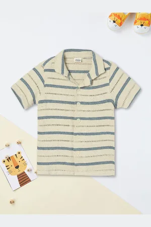Max Collection Boys Cuban Collar Horizontal Striped Cotton Casual Shirt