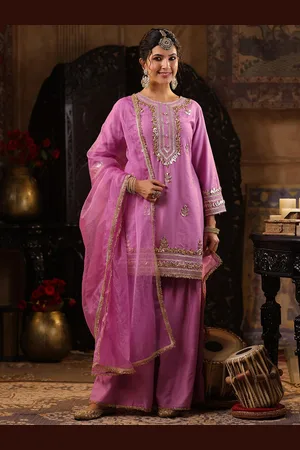 SCAKHI Ethnic Motifs Embroidered Gotta Patti Chanderi Silk Kurta with Sharara & Dupatta