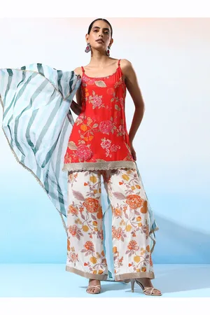 Bani Women Floral Printed Shoulder Straps Pure Silk KurtI With Palazzos & Dupatta