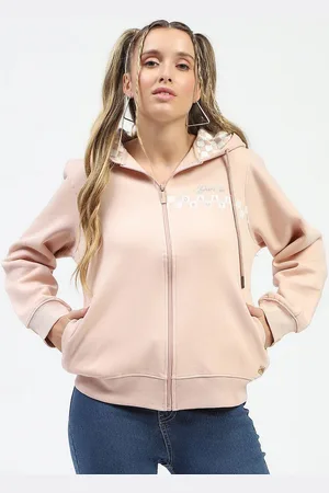 MADAME Women Typography Printed Hood Cotton Front-Open Sweatshirt