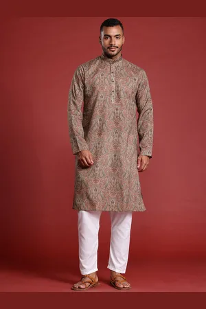 MANQ Paisley Printed Mandarin Collar Long Sleeves Pure Cotton Straight Kurta