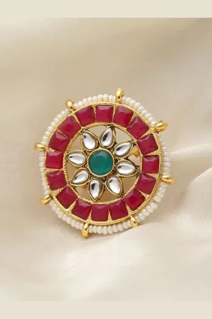 Anouk Gold-Plated Kundan- Sone Studded & Beaded Adjustable Finger Ring
