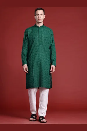 MANQ Floral Embroidered Thread Work Mandarin Collar Pure Cotton Straight Kurta
