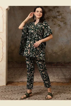 Sangria Green Floral Printed Pure Cotton Tunic With Trousers